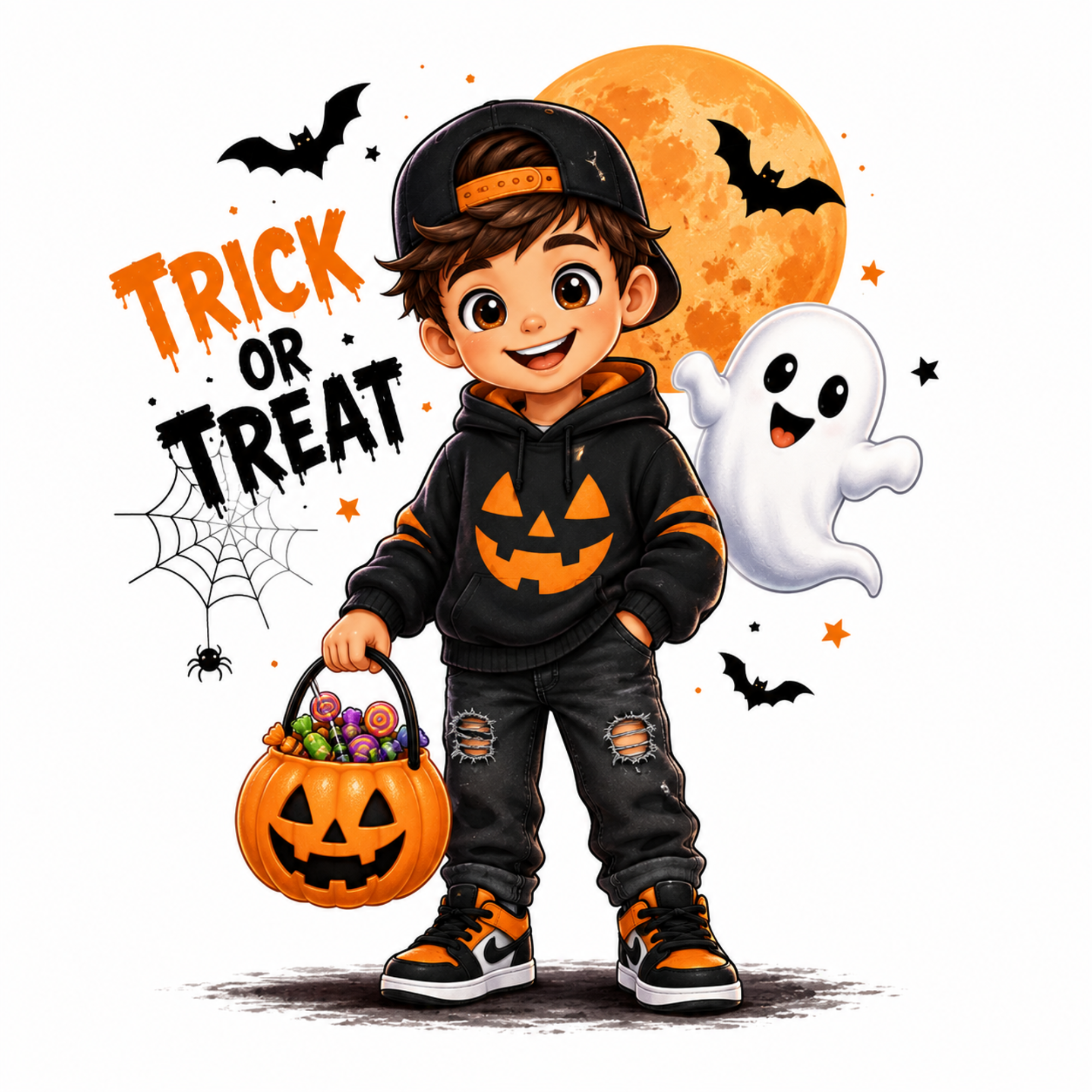 A cartoon-style illustration of a smiling boy dressed in a black hoodie with an orange pumpkin face, black jeans, and black-and-orange sneakers, holding a jack-o'-lantern candy bucket. A white ghost, orange full moon, bats, spiderweb, and the words “TRICK OR TREAT” appear around him on a white background.