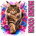 A stylized portrait of a large tabby cat surrounded by bright pink, purple, and blue flowers, with the text 'MAINE COON' in glittery pink lettering on the right side.