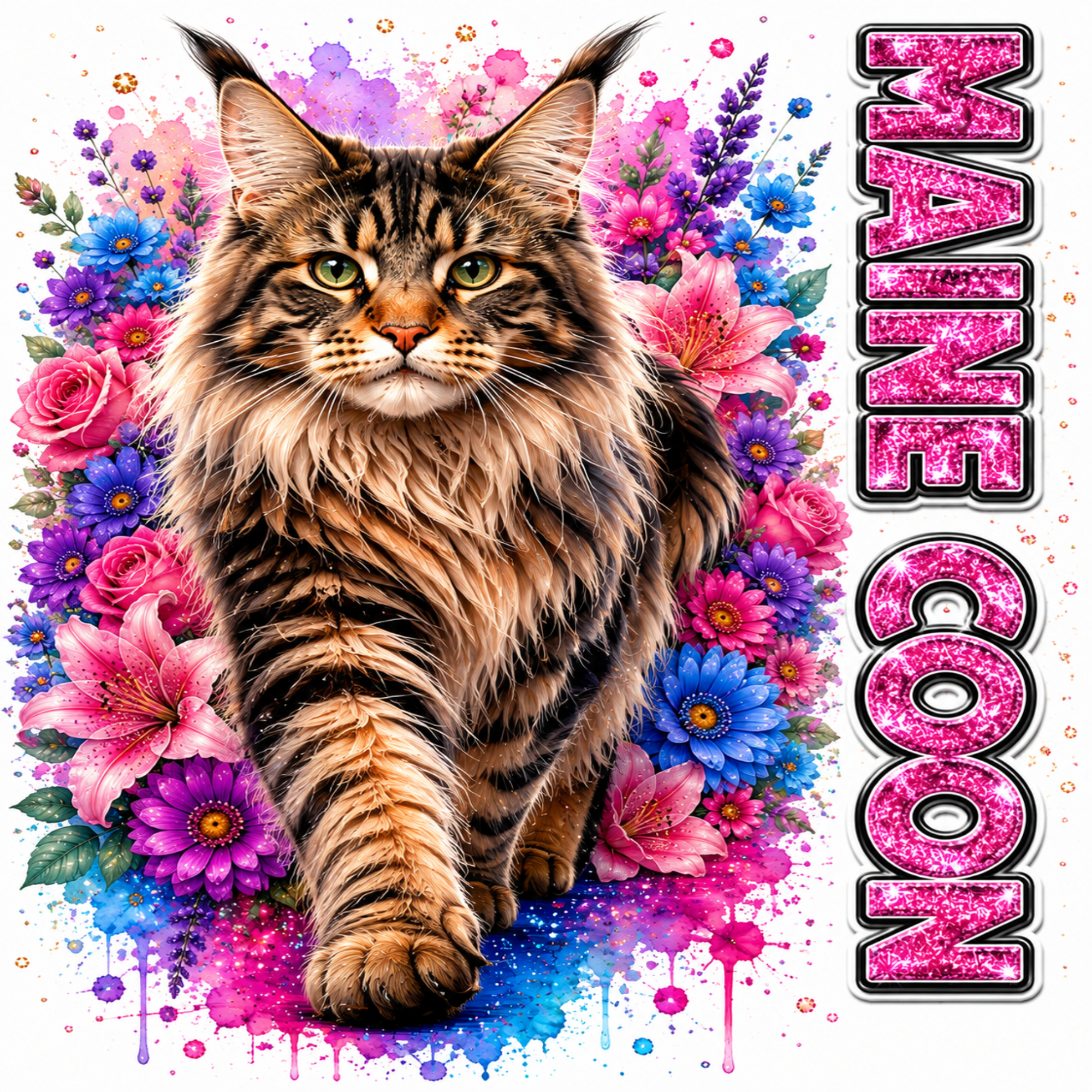 A stylized portrait of a large tabby cat surrounded by bright pink, purple, and blue flowers, with the text 'MAINE COON' in glittery pink lettering on the right side.