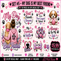 A promotional graphic for a 10-piece UV decal set titled 'Set #5 - My Dog Is My Best Friend' by Lisa Print Studio. The design shows ten numbered cartoon-style dog-themed decals with hearts, paw prints, flowers, and phrases like 'My Dog Is My Best Friend,' 'Best Friends Forever,' 'Love Is A Four-Legged Word,' and 'Always By My Side.