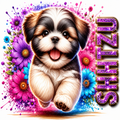 A colorful digital illustration of a fluffy Shih Tzu puppy surrounded by bright flowers and paint splashes, with the word 'SHIH TZU' in glittery purple letters on the right side.