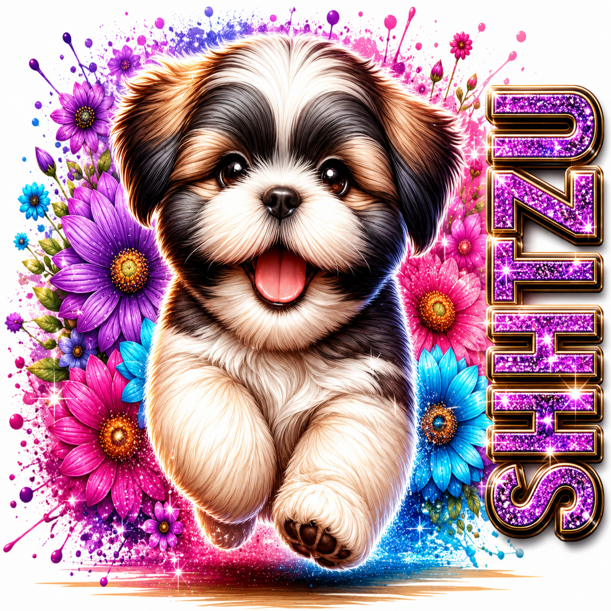 A colorful digital illustration of a fluffy Shih Tzu puppy surrounded by bright flowers and paint splashes, with the word 'SHIH TZU' in glittery purple letters on the right side.
