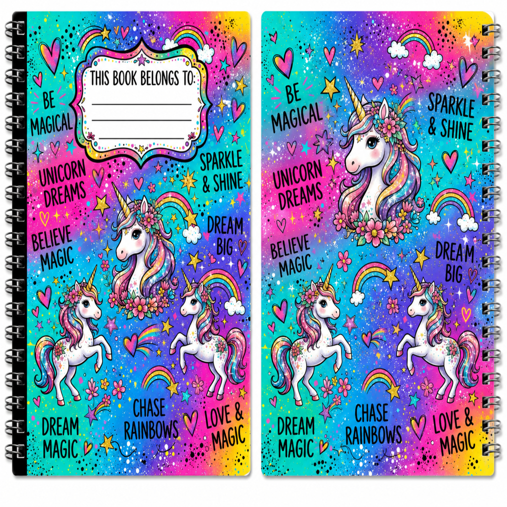 Two spiral-bound notebooks with colorful unicorn illustrations and motivational text, shown side by side on a plain white background.