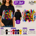 A promotional collage for a DTF (Direct to Film) t-shirt by Liss Print Studio. The main section shows a woman wearing a black t-shirt with a colorful graphic of a jeep and the word 'love' in white script over a peace sign made of flowers.