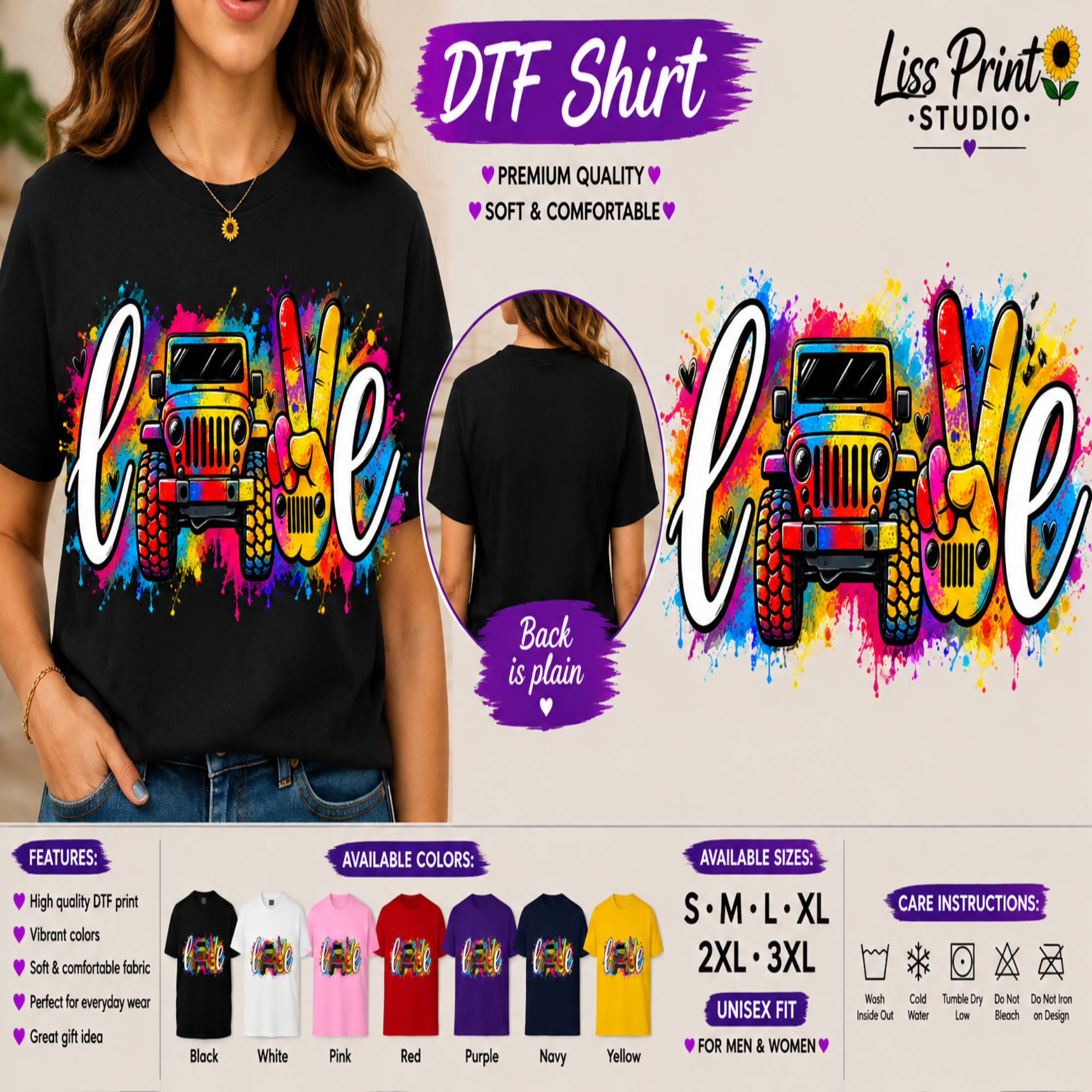 A promotional collage for a DTF (Direct to Film) t-shirt by Liss Print Studio. The main section shows a woman wearing a black t-shirt with a colorful graphic of a jeep and the word 'love' in white script over a peace sign made of flowers.
