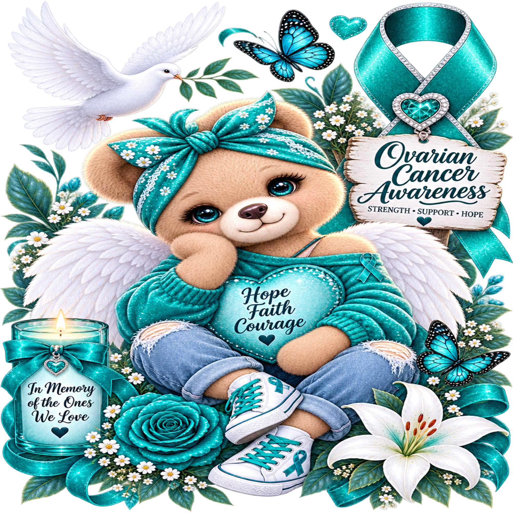 A memorial-style illustration centered on a teddy bear wearing teal and blue awareness-themed clothing, surrounded by flowers, butterflies, a dove, a ribbon, and memorial text including 'Ovarian Cancer Awareness' and 'In Memory of the Ones We Love.' This is not a clean product photo, not a person in a real environment, and not an auxiliary chart or instruction image, so the best fit is Other.