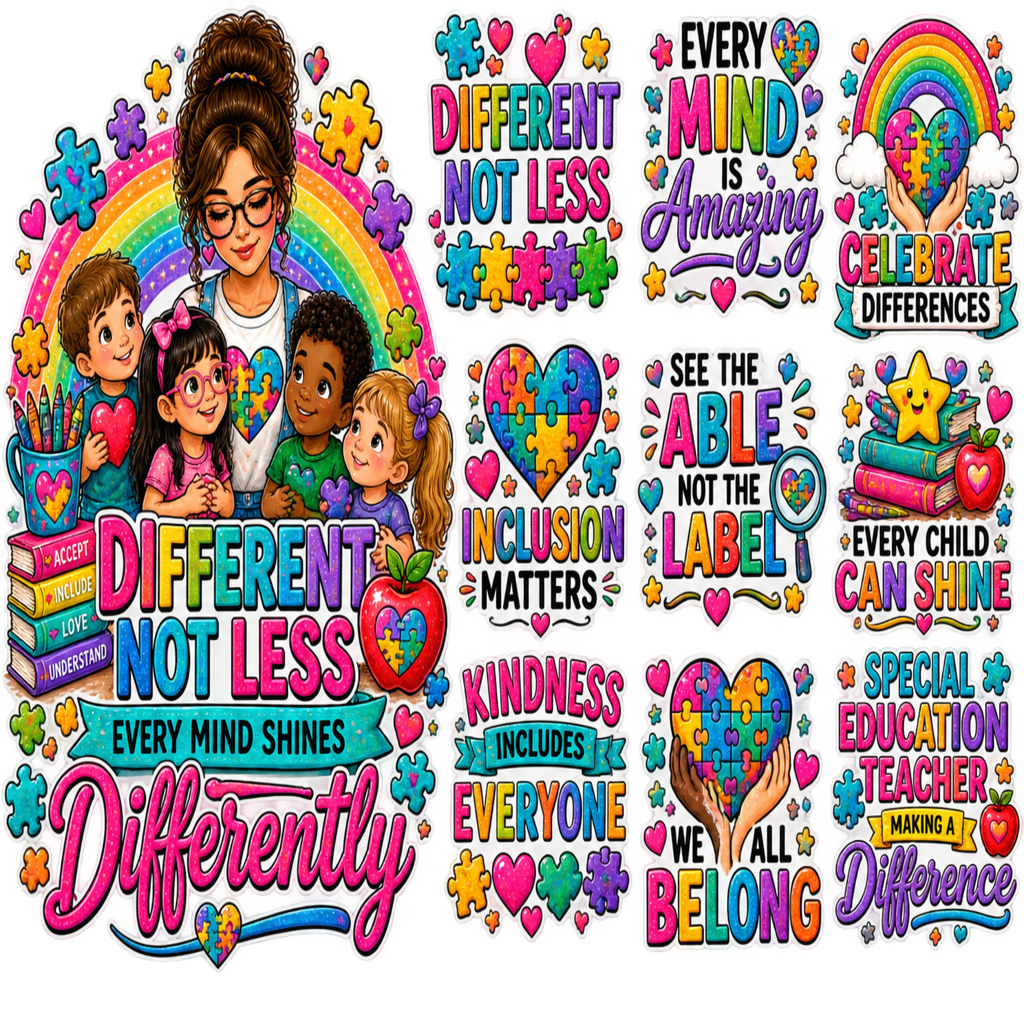 A collage of colorful educational-themed graphics with children, rainbows, hearts, puzzle pieces, and motivational phrases such as 'Different Not Less,' 'Inclusion Matters,' 'Every Child Can Shine,' and 'We All Belong.' This is not a photo of a physical product in a real environment, and it is not a measurement chart, color swatch, instruction diagram, scenery, or placeholder.