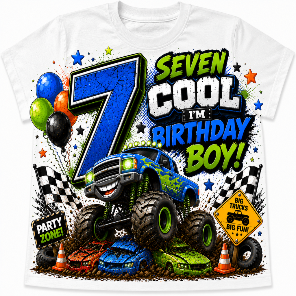 A white short-sleeve t-shirt featuring a vibrant, multi-colored graphic design for a seven-year-old boy's birthday. The design includes a large blue number 7, a blue and green monster truck, balloons, checkered flags, cones, and the text 'SEVEN COOL I'M BIRTHDAY BOY!' and 'PARTY ZONE!'.