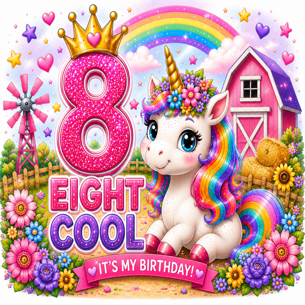 A colorful cartoon-style 8th birthday graphic featuring a white unicorn with a rainbow mane and tail, a pink glittery number 8 with a gold crown, the words 'EIGHT COOL', flowers, a pink barn, a rainbow, stars, and hearts.