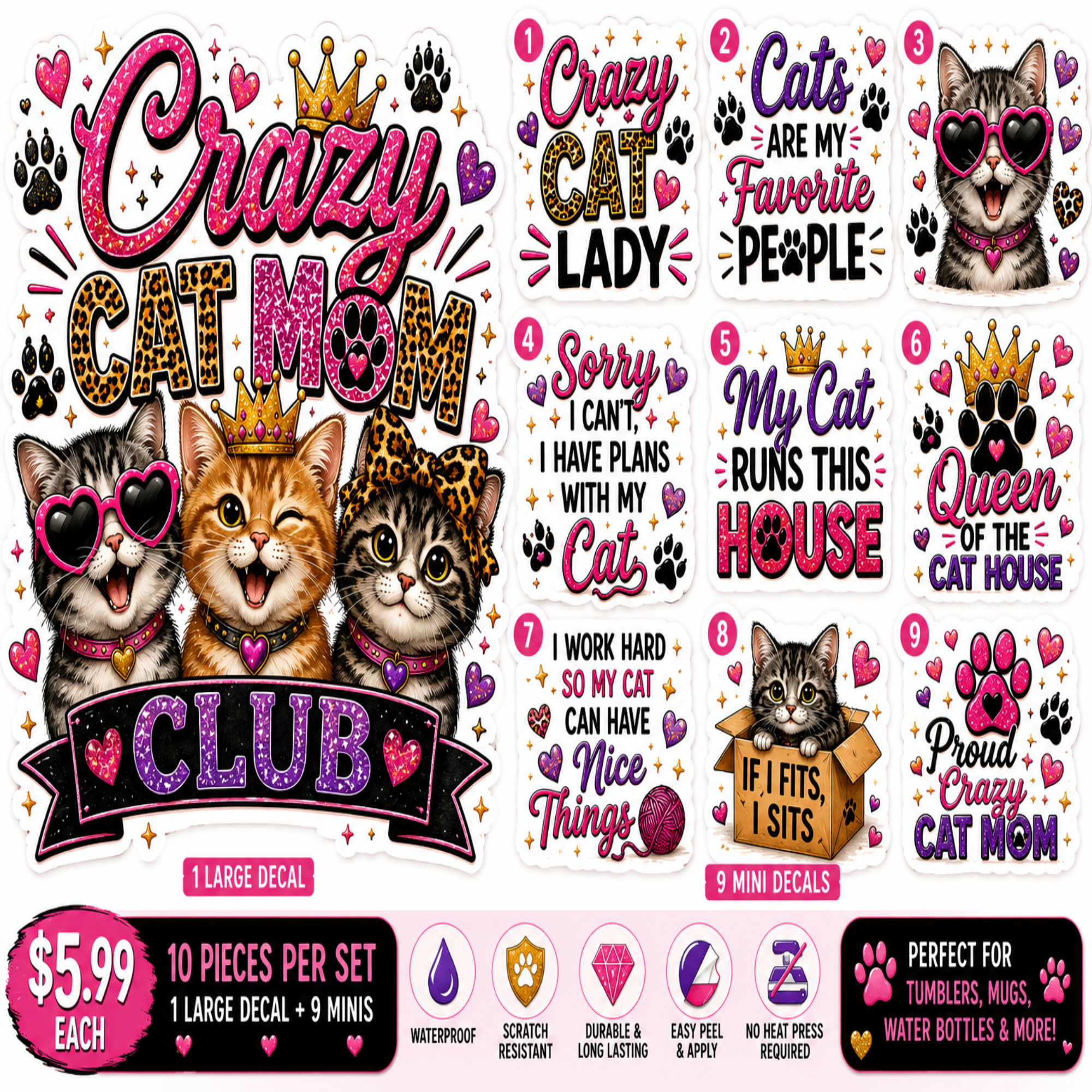 Crazy Cat Mom Club — UV DTF Decal Set 🐱👑💕