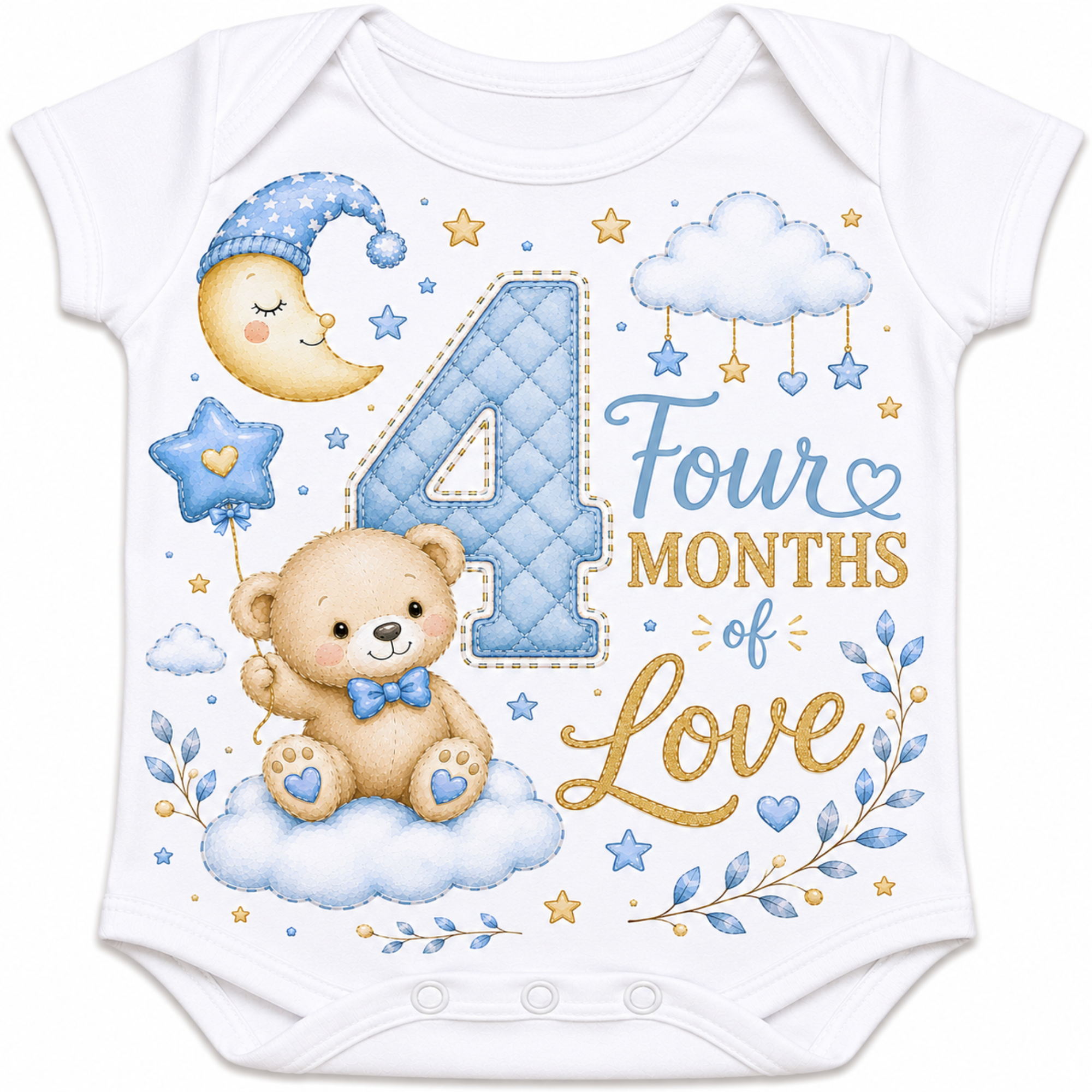 White short-sleeve baby bodysuit with a colorful 'Four Months of Love' graphic featuring a large quilted blue number 4, a teddy bear, a crescent moon, stars, clouds, and floral details.