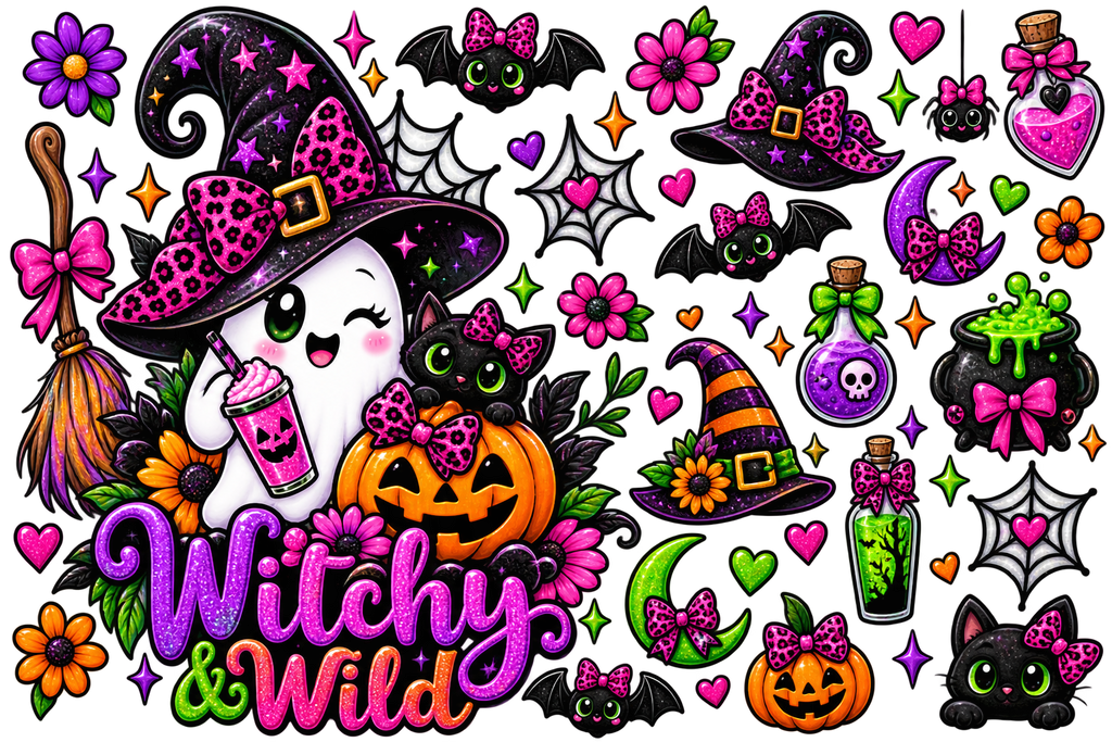 A dense Halloween-themed graphic collage on a white background featuring a winking ghost in a pink leopard-print witch hat, pumpkins, bats, cats, moons, broomsticks, flowers, cobwebs, potions, and the words 'Witchy & Wild' in large pink and green lettering.