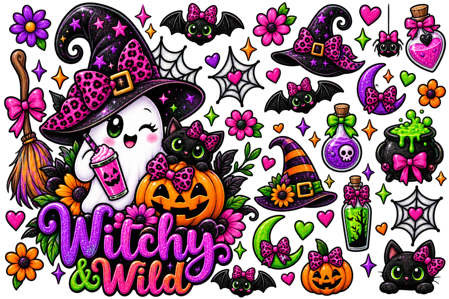 A dense Halloween-themed graphic collage on a white background featuring a winking ghost in a pink leopard-print witch hat, pumpkins, bats, cats, moons, broomsticks, flowers, cobwebs, potions, and the words 'Witchy & Wild' in large pink and green lettering.