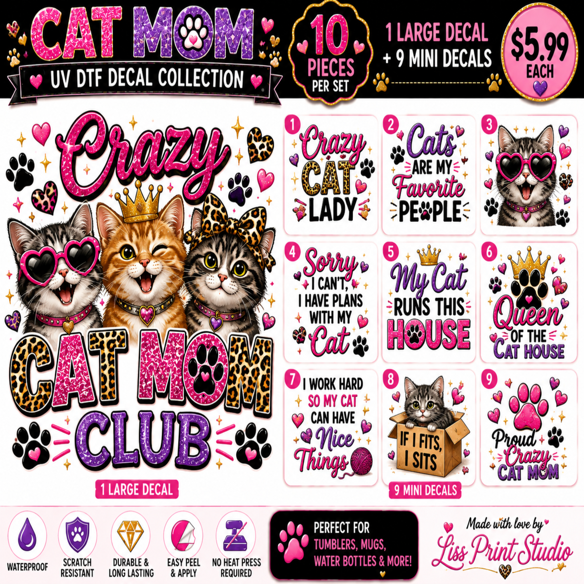 Crazy Cat Mom Club — UV DTF Decal Set 🐱👑💕