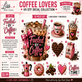 A promotional collage for a coffee-themed UV DTF decal set titled 'Coffee Lovers' by Liss Print Studio. The graphic shows multiple illustrated decal designs including a large 'Fueled By Coffee' drink cup, espresso cups, coffee beans, a coffee carton, a pink heart, a coffee mug, and a donut, with text noting a 10-piece set, large designs, mini decals, and a price of $5.