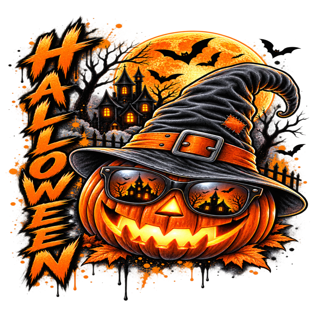 Halloween graphic design featuring a carved jack-o'-lantern wearing a witch hat and sunglasses with a haunted house and full moon in the background, plus large stylized 'HALLOWEEN' text on a white field.
