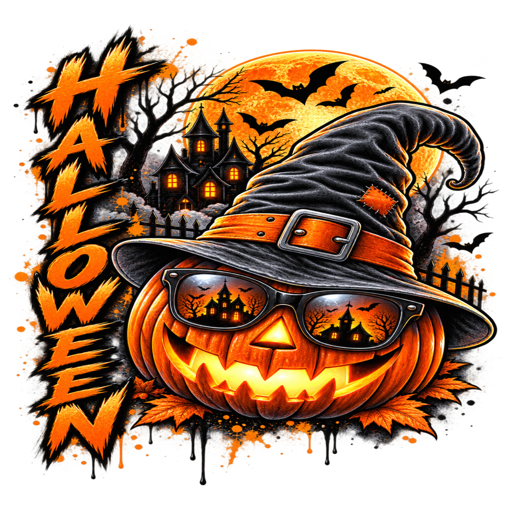 Halloween graphic design featuring a carved jack-o'-lantern wearing a witch hat and sunglasses with a haunted house and full moon in the background, plus large stylized 'HALLOWEEN' text on a white field.