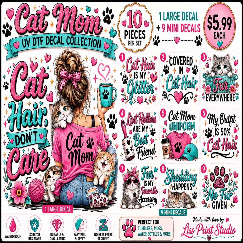 A colorful promotional collage for a cat-themed UV DTF decal collection, featuring large decorative text such as 'Cat Mom,' 'UV DTF Decal Collection,' paw prints, a woman in a pink cat sweater, several cats, and multiple slogan decals. The image includes pricing and feature callouts, and the brand name 'Lisie Print Studio' appears at the bottom.