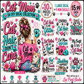 A colorful promotional collage for a cat-themed UV DTF decal collection, featuring large decorative text such as 'Cat Mom,' 'UV DTF Decal Collection,' paw prints, a woman in a pink cat sweater, several cats, and multiple slogan decals. The image includes pricing and feature callouts, and the brand name 'Lisie Print Studio' appears at the bottom.