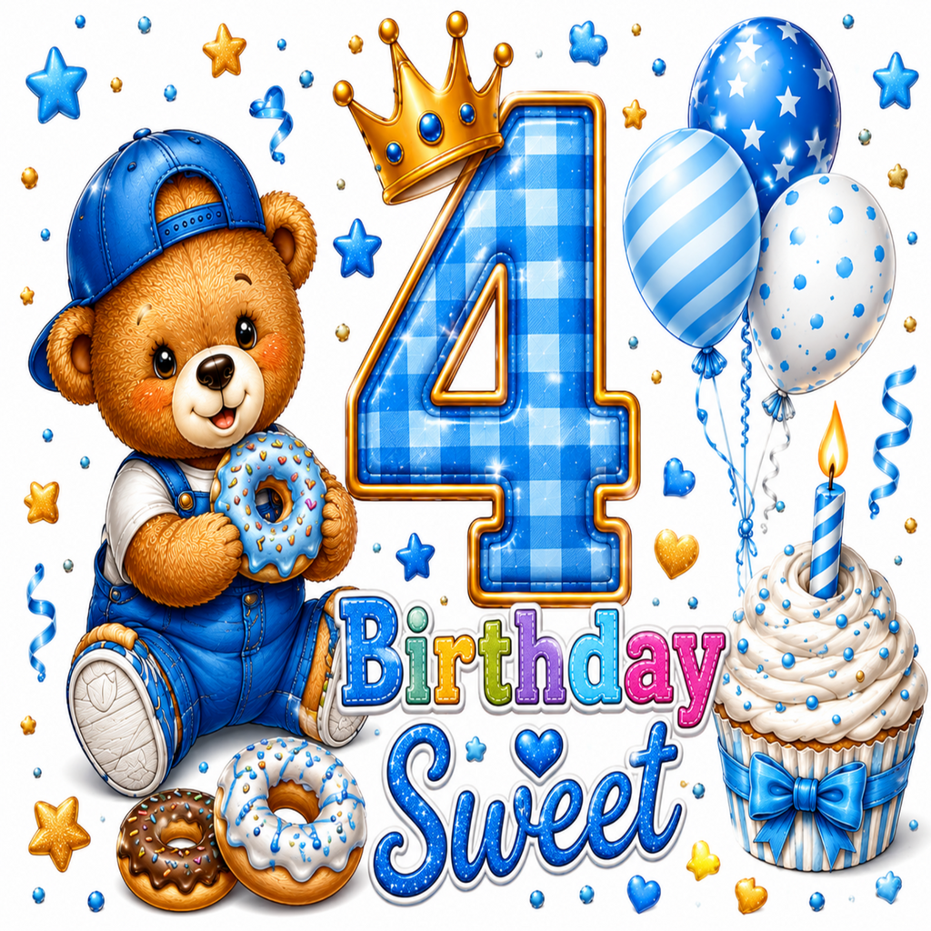 Blue and white 4th birthday illustration featuring a teddy bear in a blue cap holding a donut, a large blue gingham number 4 with a gold crown, balloons, a cupcake with a candle, and the words 'Birthday Sweet' on a white background.