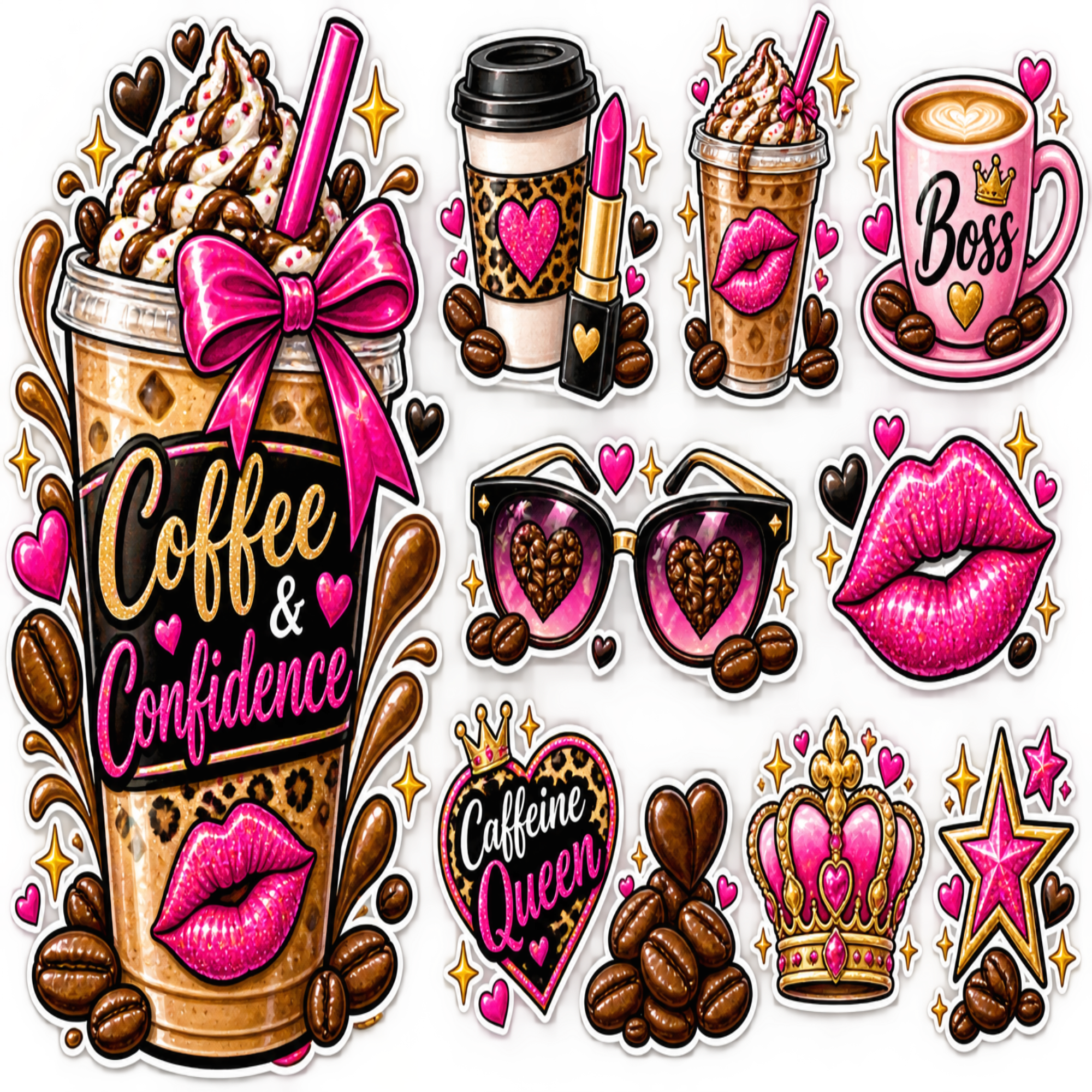 A set of illustrated coffee-themed stickers or decals on a white background, featuring a large whipped coffee drink with a pink bow and the words 'Coffee & Confidence,' smaller coffee cups with hearts and coffee beans, pink lips, sunglasses with heart lenses, a crown, a star, and the phrase 'Caffeine Queen.'.