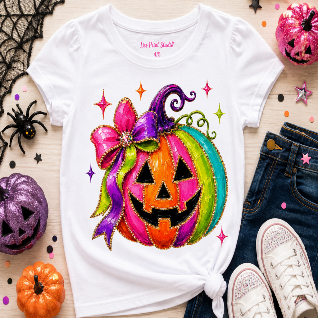 A white short-sleeve T-shirt laid flat on a light wood surface, featuring a large colorful jack-o'-lantern graphic with a pink and purple bow. The shirt is styled with jeans, white sneakers, glittery pumpkins, spider decorations, and confetti.