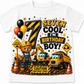A white kids' short-sleeve t-shirt featuring a colorful cartoon graphic for a 7th birthday. The graphic includes a large number 7 with hazard stripes, balloons, a construction bear, a yellow excavator, a dump truck, and text that reads 'SEVEN COOL I'M BIRTHDAY BOY!'.
