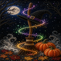 A festive Halloween scene rendered in a sparkling dot-art style. A witch hat and broomstick stand in a dark night sky, with a glowing spiral trail of stars and magic wrapping around them.
