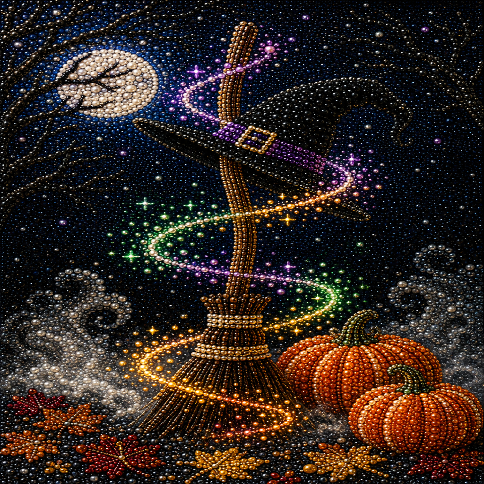 A festive Halloween scene rendered in a sparkling dot-art style. A witch hat and broomstick stand in a dark night sky, with a glowing spiral trail of stars and magic wrapping around them.