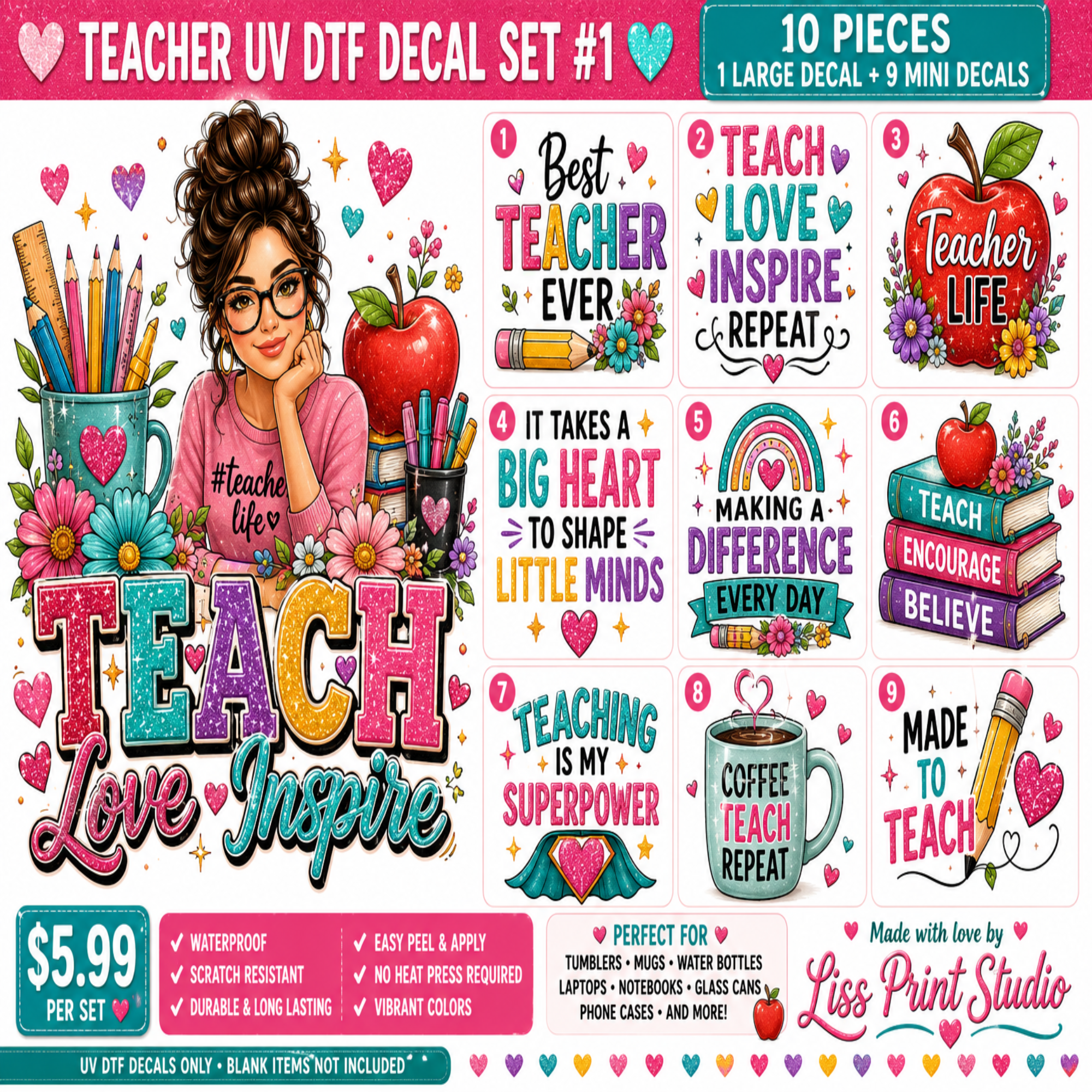 A promotional graphic for a Teacher-themed UV DTF decal set, showing multiple colorful quote decals, floral and school-themed illustrations, and text such as 'Teacher UV DTF Decal Set #1,' '10 Pieces,' and pricing information. The design includes a cartoon girl, pencils, books, apples, and motivational phrases on a white background.