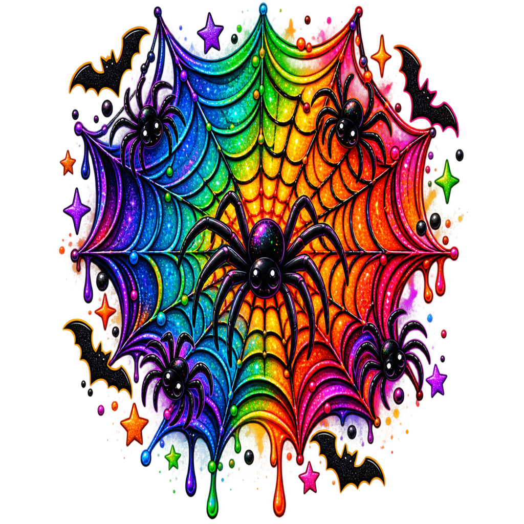 A vibrant, symmetrical Halloween graphic featuring a central black spider on a rainbow-colored dripping spiderweb, surrounded by smaller black spiders, bats, stars, and splatters on a solid white background.