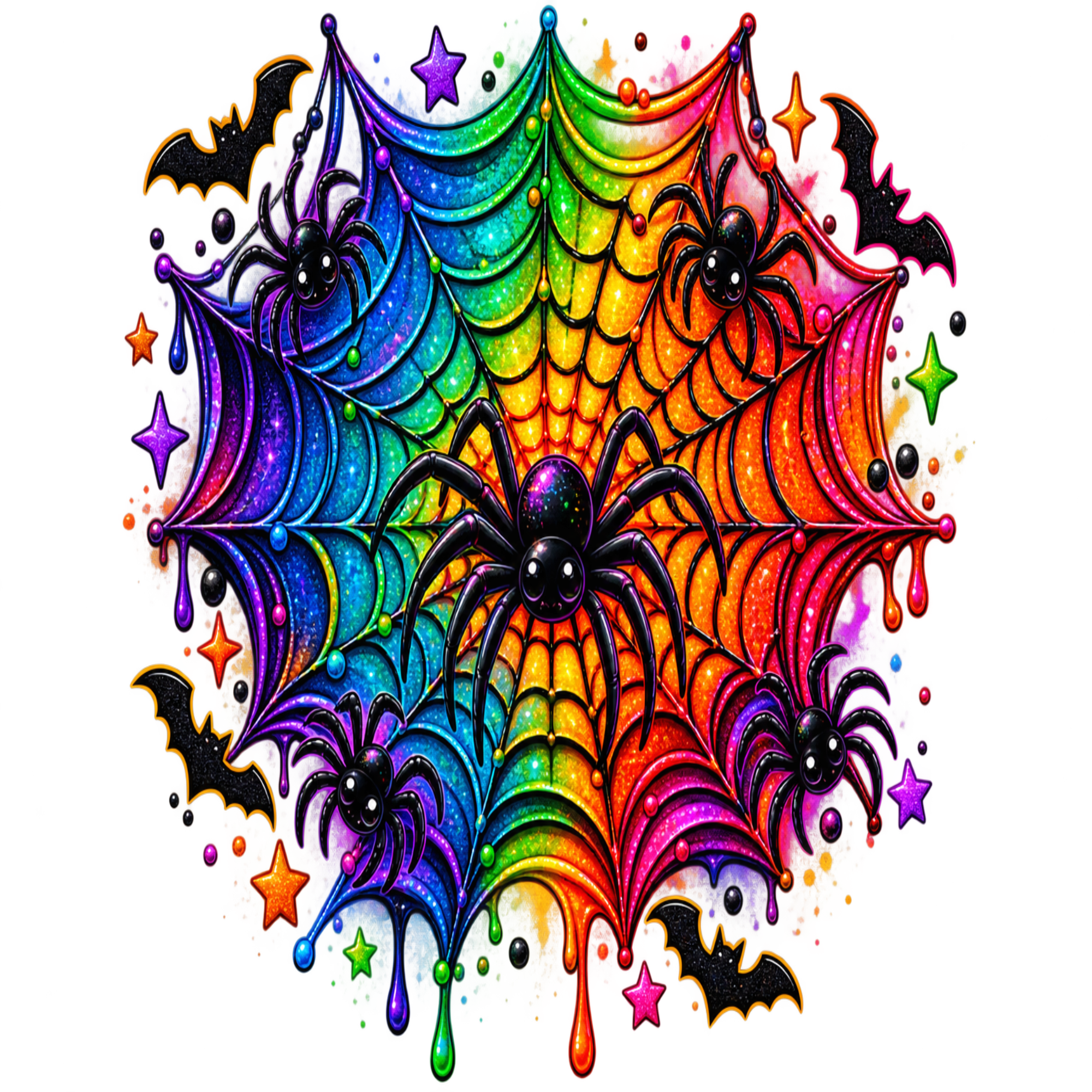 A vibrant, symmetrical Halloween graphic featuring a central black spider on a rainbow-colored dripping spiderweb, surrounded by smaller black spiders, bats, stars, and splatters on a solid white background.