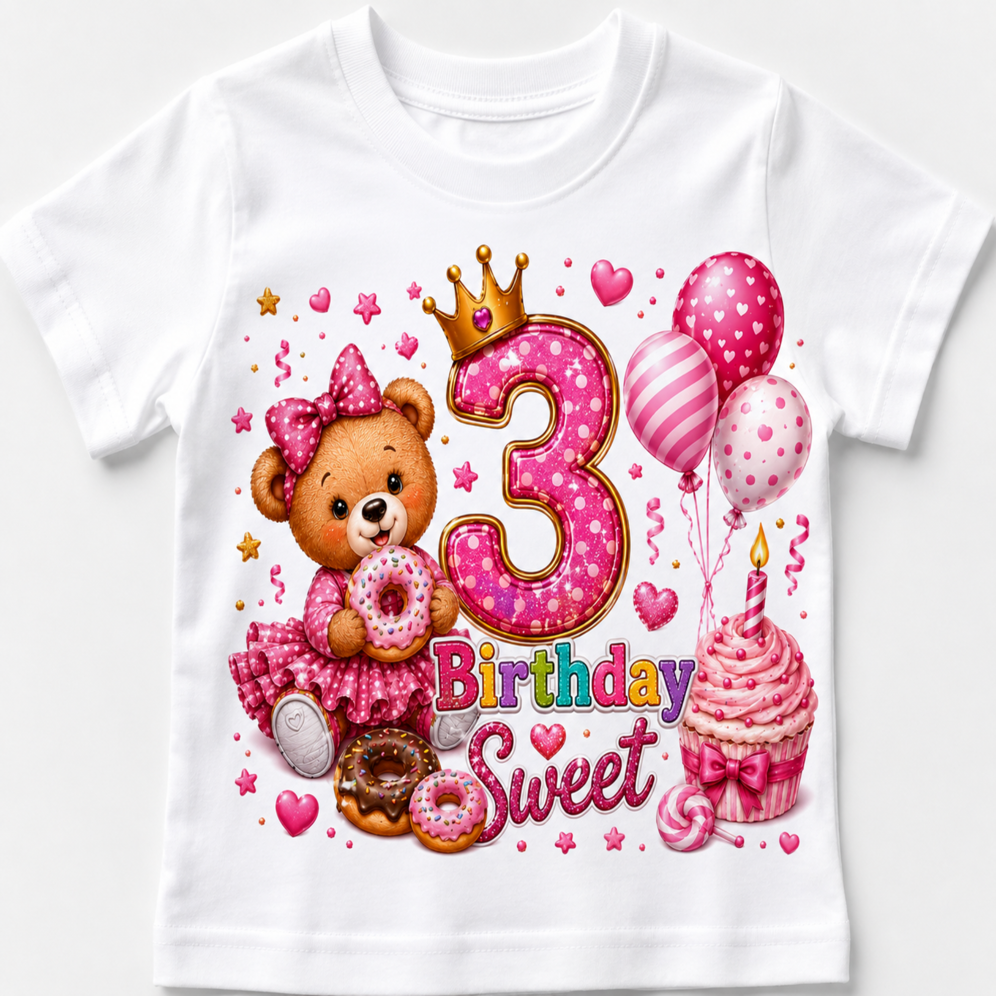 A white short-sleeve baby t-shirt featuring a colorful 3rd birthday graphic with a pink teddy bear, donuts, balloons, a cupcake, and a large pink number 3 with a gold crown.