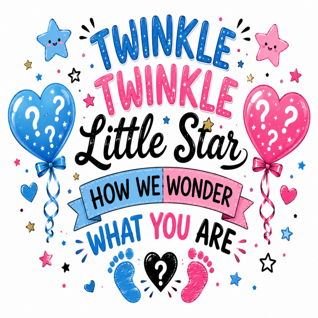 A colorful baby shower themed graphic with the text 'TWINKLE TWINKLE Little Star HOW WE WONDER WHAT YOU ARE' surrounded by blue and pink heart balloons with question marks, stars, and footprints on a white background.