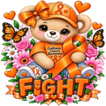 A colorful digital illustration of a teddy bear wearing an orange awareness ribbon shirt and matching cap, surrounded by pink flowers, butterflies, hearts, and the word “FIGHT” in large glittery letters. The shirt text reads “Leukemia Cancer Awareness.