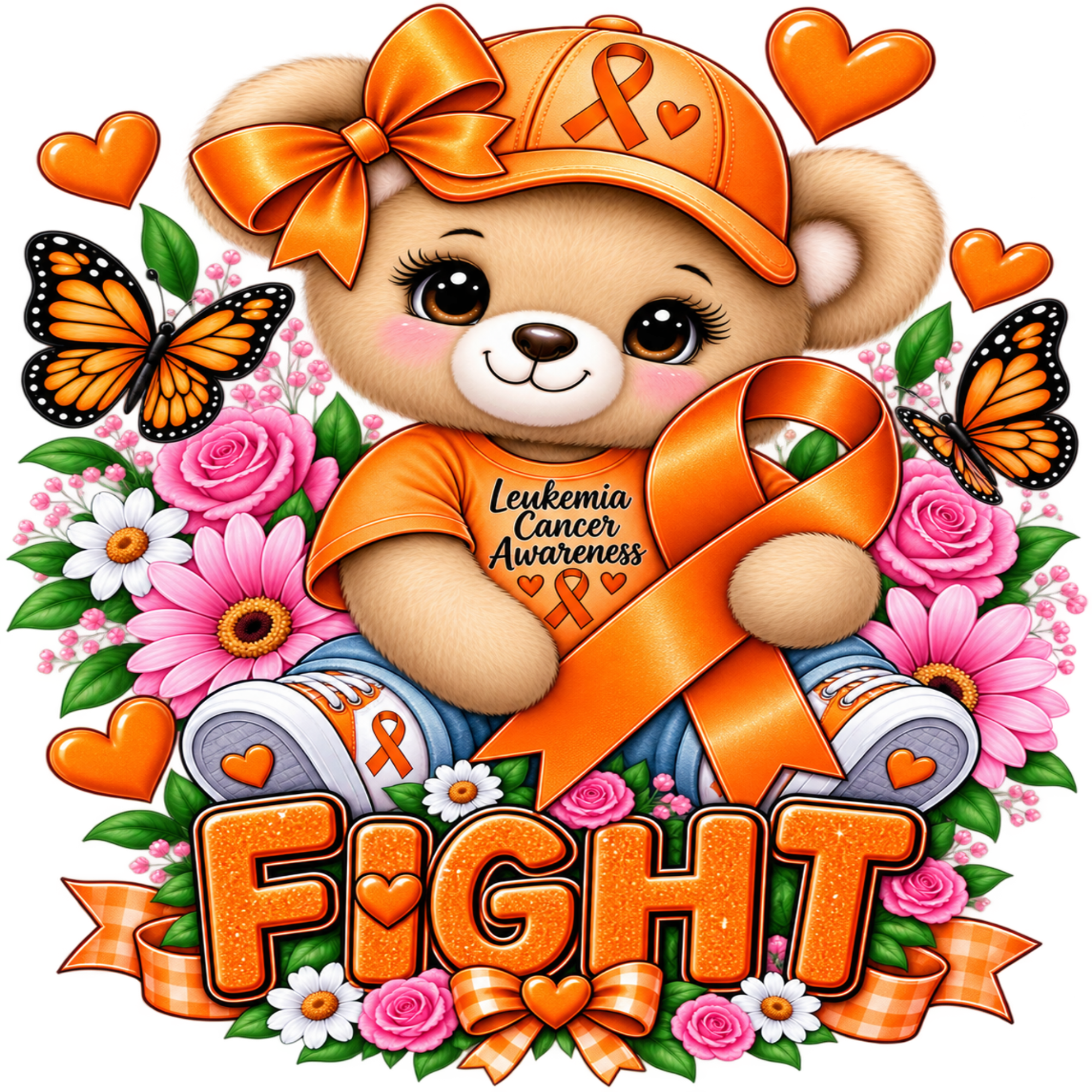 A colorful digital illustration of a teddy bear wearing an orange awareness ribbon shirt and matching cap, surrounded by pink flowers, butterflies, hearts, and the word “FIGHT” in large glittery letters. The shirt text reads “Leukemia Cancer Awareness.