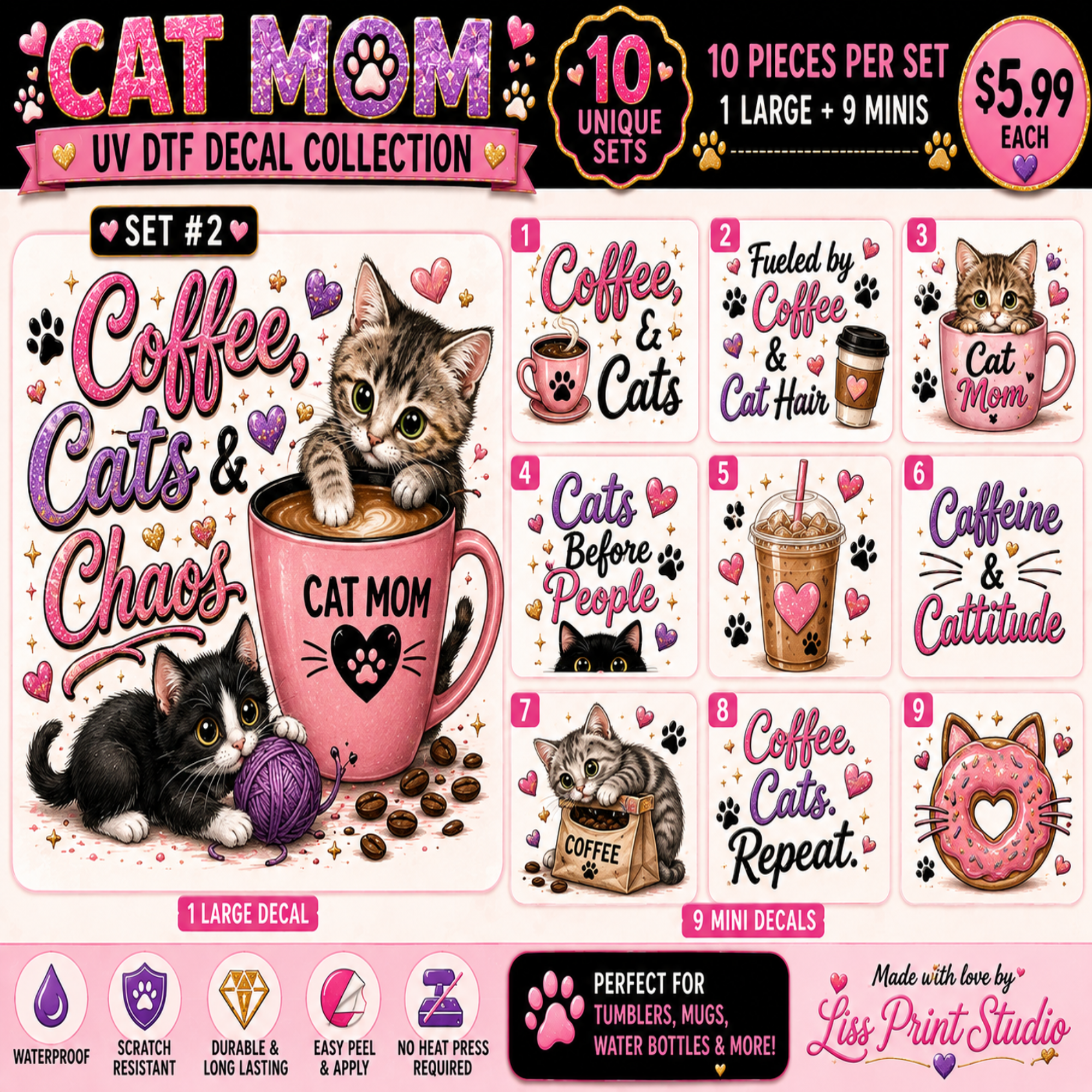 Coffee, Cats & Chaos — UV DTF Decal Set ☕🐱💕