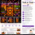 A promotional product sheet for a Halloween tumbler from Liss Print Studio, showing the decorated tumbler design, multiple views, pricing, features, and care instructions. The tumbler features a large orange jack-o'-lantern with 'Trick or Treat' text, purple candy corn, and a black background with purple and orange accents.
