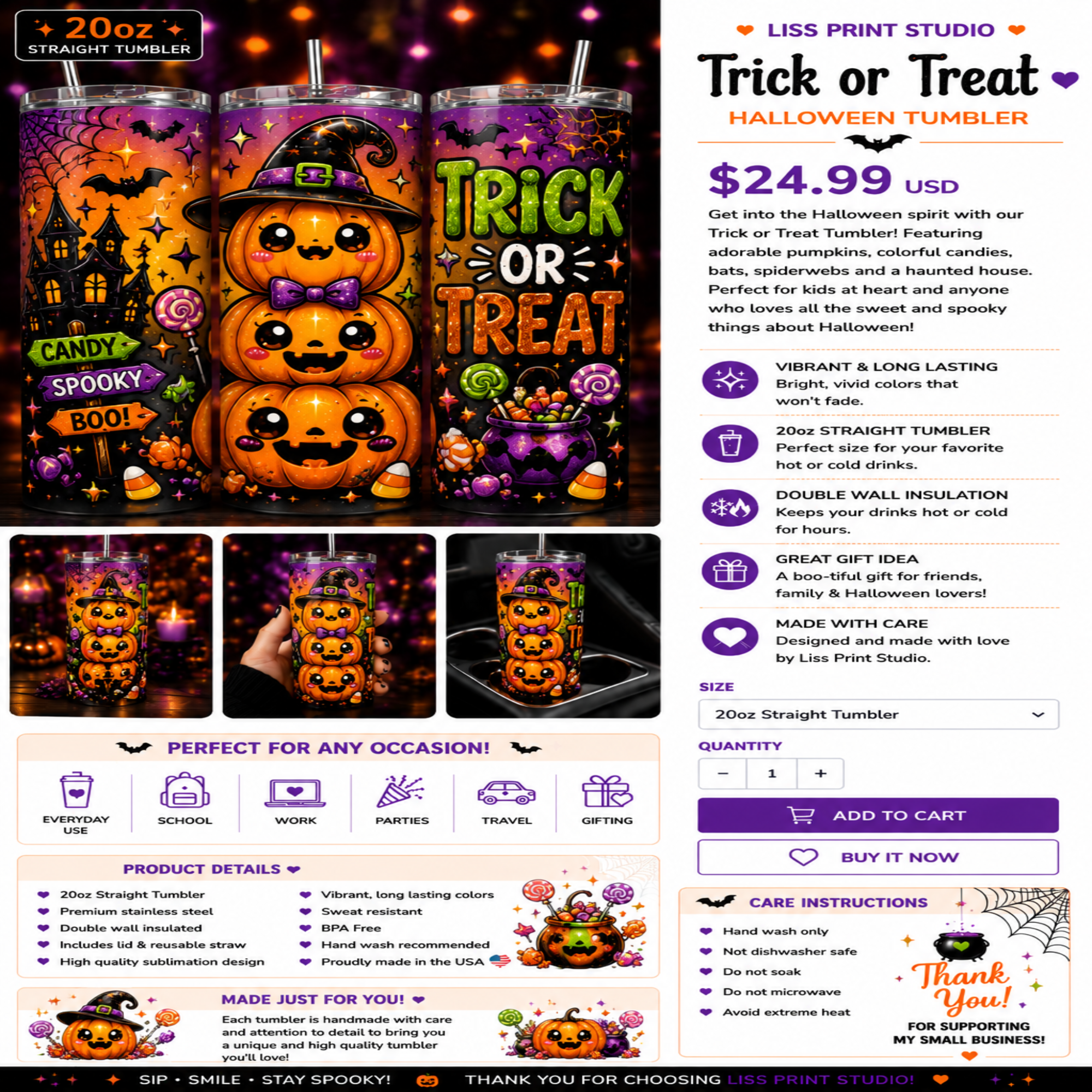 A promotional product sheet for a Halloween tumbler from Liss Print Studio, showing the decorated tumbler design, multiple views, pricing, features, and care instructions. The tumbler features a large orange jack-o'-lantern with 'Trick or Treat' text, purple candy corn, and a black background with purple and orange accents.