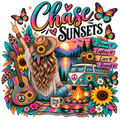 A colorful retro bohemian-style graphic design featuring a woman with long wavy hair wearing a straw hat and white fringed top, sitting in front of a campfire with a mug that says 'Stay Wild'. She is surrounded by a guitar, sunglasses, flowers, butterflies, a peace sign van, and the text 'Chase Sunsets' and 'Dream Explore Live Repeat'.