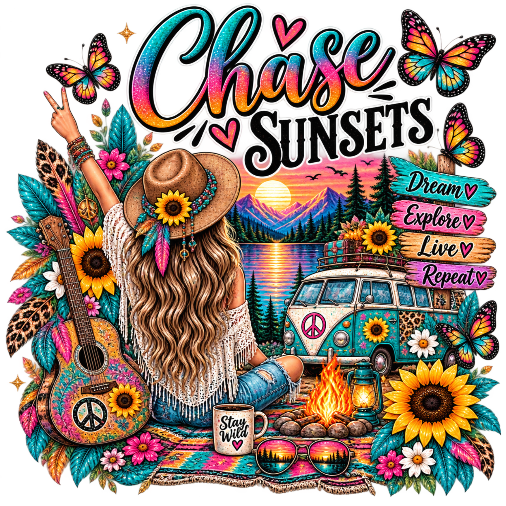 A colorful retro bohemian-style graphic design featuring a woman with long wavy hair wearing a straw hat and white fringed top, sitting in front of a campfire with a mug that says 'Stay Wild'. She is surrounded by a guitar, sunglasses, flowers, butterflies, a peace sign van, and the text 'Chase Sunsets' and 'Dream Explore Live Repeat'.