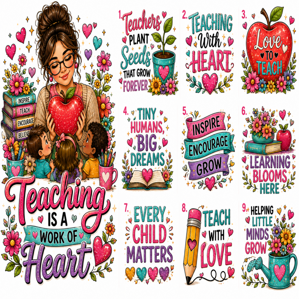 A collage of eight colorful teacher-themed quote graphics with hearts, flowers, books, apples, and a cartoon woman holding an apple. Text includes phrases such as 'Teaching is a work of heart,' 'Teachers plant seeds that grow forever,' and 'Every child matters.