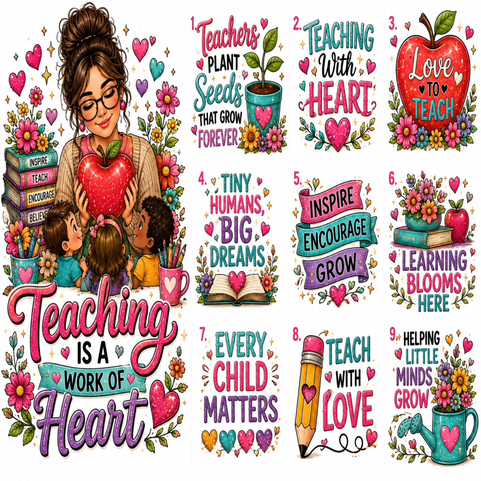 A collage of eight colorful teacher-themed quote graphics with hearts, flowers, books, apples, and a cartoon woman holding an apple. Text includes phrases such as 'Teaching is a work of heart,' 'Teachers plant seeds that grow forever,' and 'Every child matters.