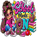 A colorful graphic illustration with the words 'School Mode: ON' in large pink and teal lettering, surrounded by school-themed items including a girl in a pink hoodie and leopard-print bow headband, books, pencils, an apple, and notebooks.