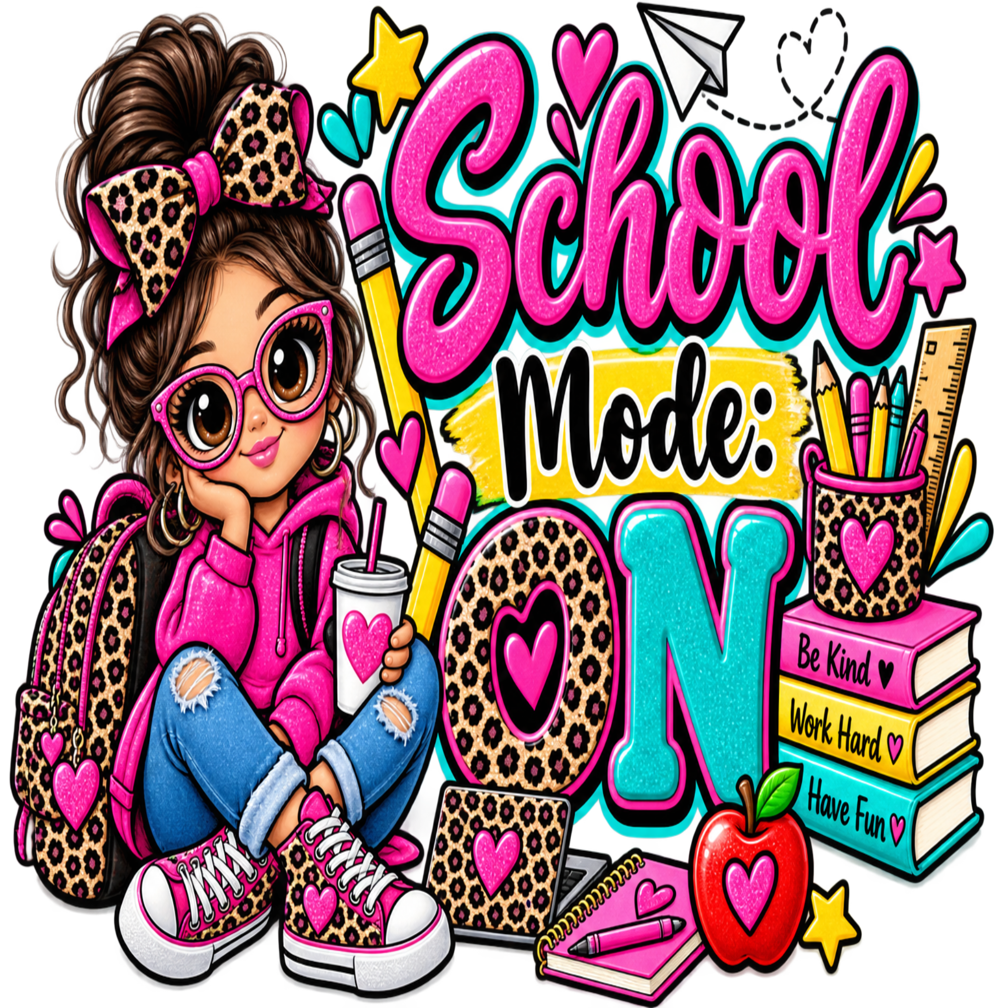 A colorful graphic illustration with the words 'School Mode: ON' in large pink and teal lettering, surrounded by school-themed items including a girl in a pink hoodie and leopard-print bow headband, books, pencils, an apple, and notebooks.