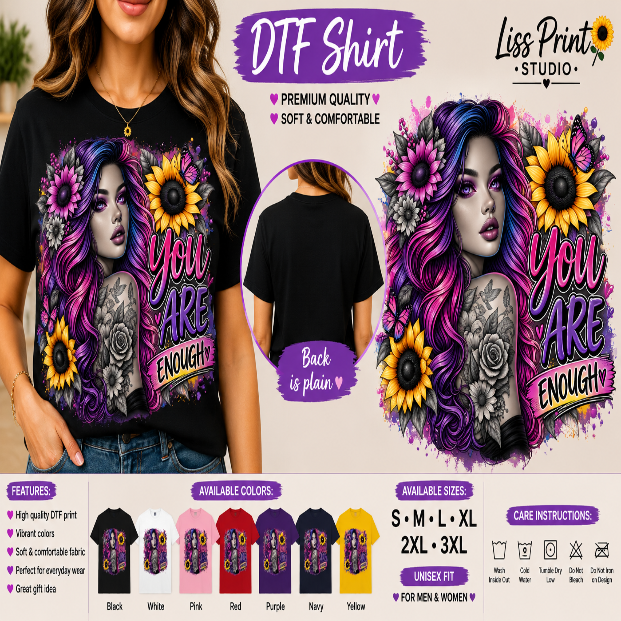 A promotional graphic for a DTF (Direct to Film) t-shirt design. The top half shows a woman wearing a black t-shirt with a colorful graphic print of a woman with purple hair, sunflowers, and the text 'You Are Enough'.