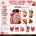 A promotional collage for a coffee-themed UV DTF decal collection by Liss Print Studio, showing multiple illustrated coffee-related designs including a coffee cup, mug, croissant, coffee beans, heart, bow, and coffee mug graphics, with text describing the 10-piece set and included mini decals.