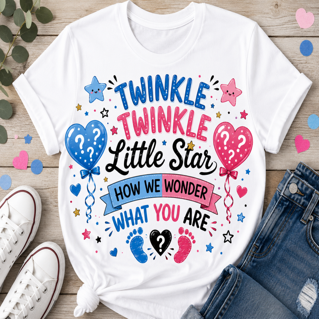 A white graphic T-shirt laid flat on a light wood surface, styled with white sneakers, blue jeans, greenery, and pastel confetti. The shirt features the phrase “TWINKLE TWINKLE Little Star HOW WE WONDER WHAT YOU ARE” in blue, pink, and black lettering, with balloons, stars, hearts, and baby footprints.