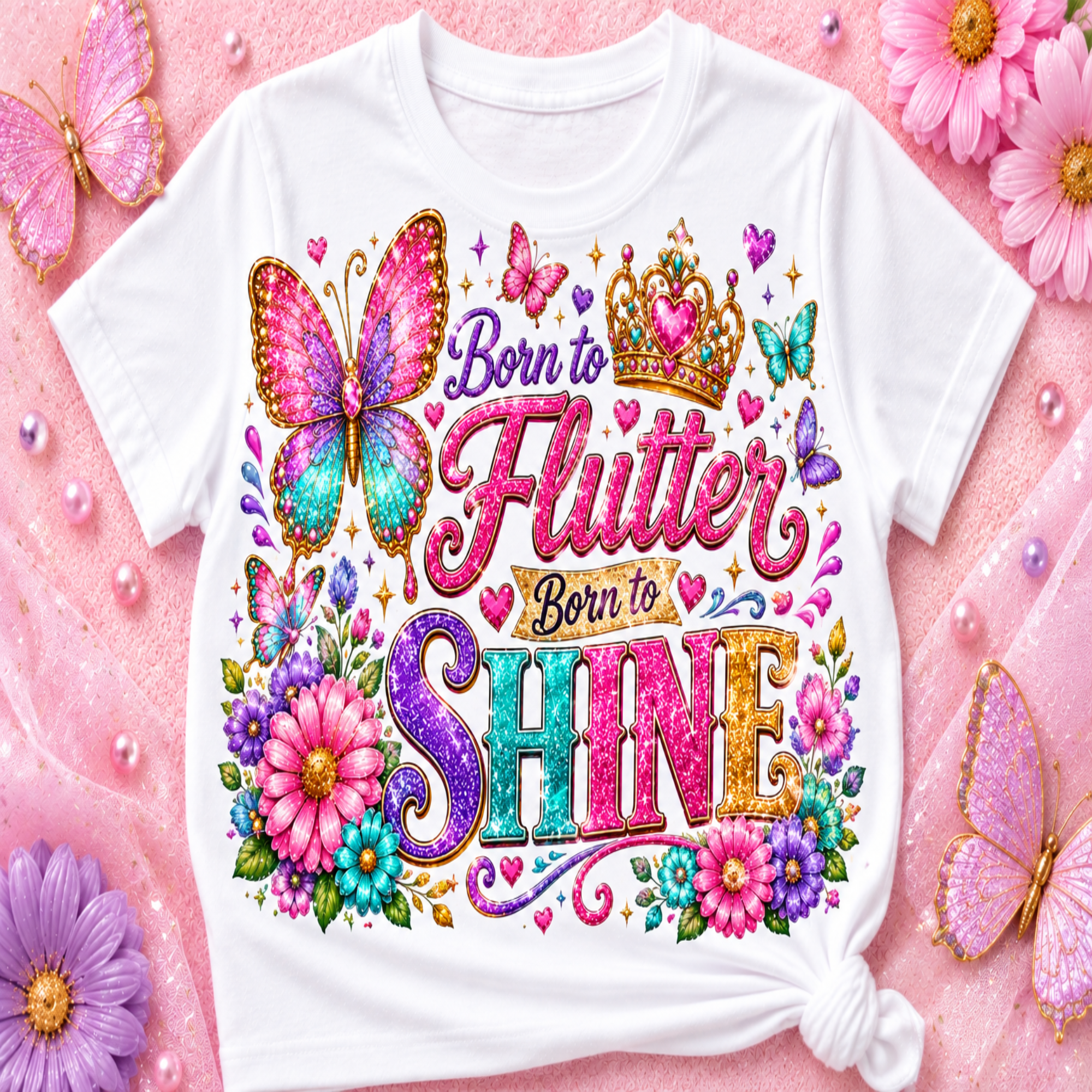 A white short-sleeve T-shirt laid flat on a pink background with decorative flowers and butterflies. The shirt features a colorful graphic reading 'Born to Flutter Born to SHINE' with a crown, butterflies, hearts, and flowers.