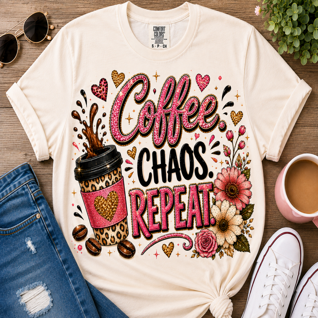 A cream-colored graphic t-shirt featuring the text 'Coffee CHAOS REPEAT.' in pink, black, and glittery lettering, styled in a flat-lay with a coffee cup, flowers, sunglasses, jeans, and a mug on a wooden surface.